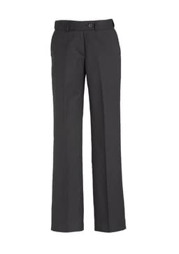 Grey women's adjustable waist slacks with a straight leg style, featuring pockets and a button closure.