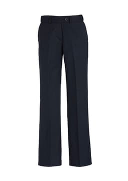Adjustable waist pants in navy blue with a straight leg design. The item features a brand logo.