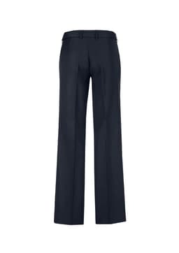 A pair of navy women's adjustable waist pants with a straight leg cut, featuring a back view.