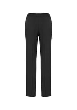 A pair of black women's slacks with an elastic waistband, featuring a smooth, straight-leg design.