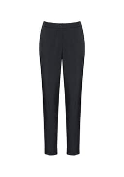 A pair of dark grey women's slacks with a slim fit and a waistband, featuring a casual yet stylish design.