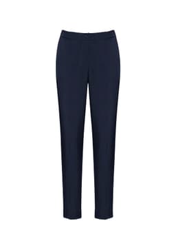 Navy blue women's slacks with a slim fit and ultra comfort waistband, featuring a logo.