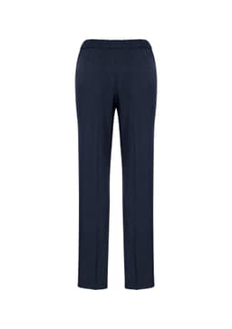 A pair of navy blue women's ultra comfort waist pants with an elastic waistband, featuring a simple design and no embellishments.