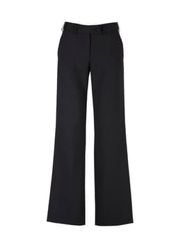 A pair of women's black wool stretch pants with an adjustable waist, featuring a classic fit and straight legs.