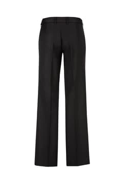 A pair of women's black slacks features a straight leg design and adjustable waistband, with a logo on the back.