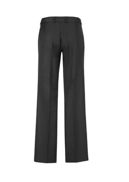 A pair of black women's wool stretch slacks with an adjustable waistband, shown from the back.