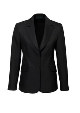 A black longline women's jacket with a blazer style, featuring two buttons and front pockets. It has a logo.