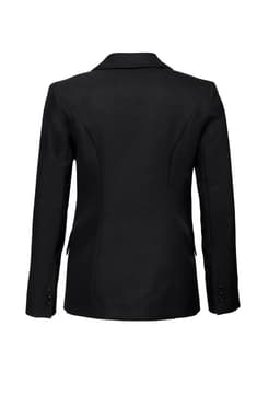 A black women's longline jacket with a tailored look and a smooth back design, featuring button detailing.
