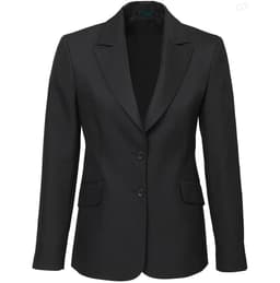 A black longline jacket featuring a tailored design, two front pockets, and a logo.