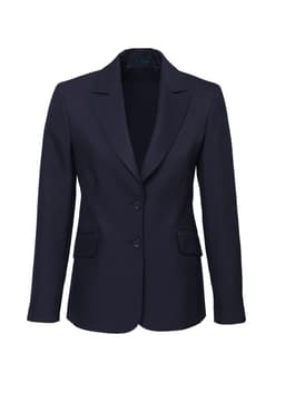 A women's longline jacket in navy, featuring a tailored fit and two front pockets. Includes a logo on the label.