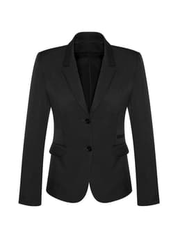 A black mid-length women's jacket with two buttons and a fitted design. It features a notched collar and pockets.