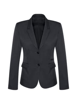 A women's mid-length jacket in dark grey, featuring a two-button closure and a fitted silhouette.