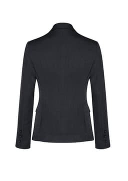 A black mid-length women's blazer featuring a two-button front and button detailing on the sleeves.