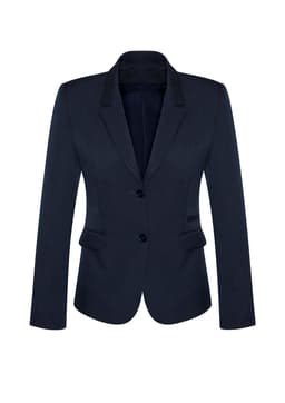 A navy women's mid-length jacket with a two-button closure and a fitted silhouette. Features a branded logo.