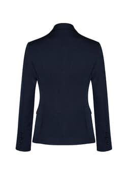 A navy blue mid-length women's jacket with a two-button design and fitted silhouette. It features a logo.