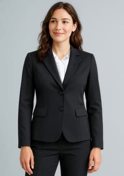 A black women's mid-length jacket with two buttons and a tailored fit, featuring pockets and a single branding logo.