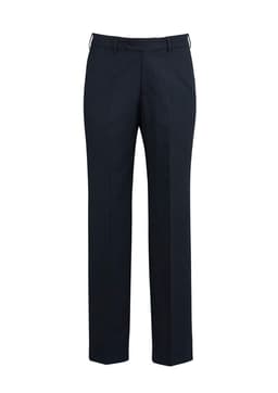 A pair of navy flat front men's pants displayed upright, featuring a logo and a tailored look.