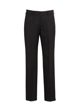 Men's flat front pants in black with a logo. Designed for comfort and style, perfect for casual or formal wear.