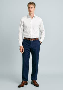 A man wearing a white shirt and navy blue flat front slacks, with a leather belt and shoes, standing against a light background.
