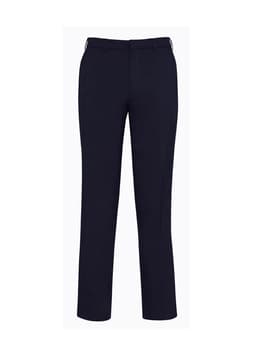 Navy slimline pants with a tailored fit, featuring a waistband and pockets. Includes a logo on the back.
