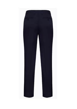 Navy men's slimline pants with back pockets and a logo. Ideal for casual or business wear.