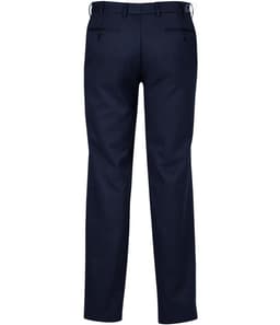 Navy adjustable waist pants with a straight cut and two back pockets, featuring a logo. Ideal for casual or formal wear.