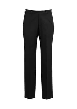 A pair of black adjustable waist slacks with a straight leg cut, featuring a logo.