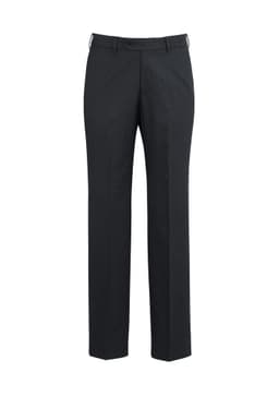 Black slacks with a straight leg design and adjustable waist. Features a branded logo.