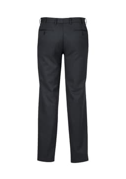 Mens cool stretch adjustable waist pants in dark grey, featuring a classic straight fit and back pockets, with branding.