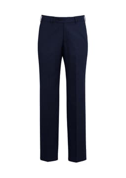 Navy blue men's slacks with an adjustable waist and a straight leg design, featuring a logo.