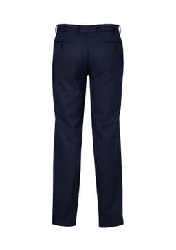Navy blue men's pants with an adjustable waist, featuring a straight leg and rear pockets. Includes a logo.