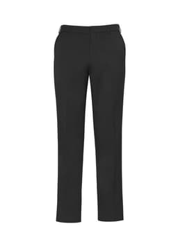 A pair of black slimline pants with a tailored fit, featuring pockets and a branded logo.