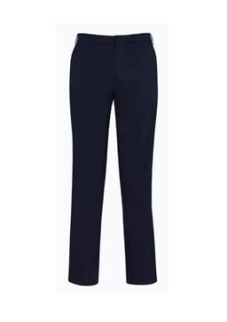 Dark navy slimline pants with a smooth finish and a waistband, featuring a logo on the back.