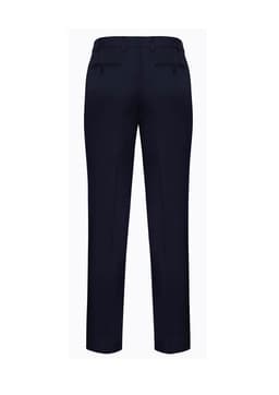 A pair of navy men's slacks with a slimline fit, featuring two back pockets. The design includes a logo.
