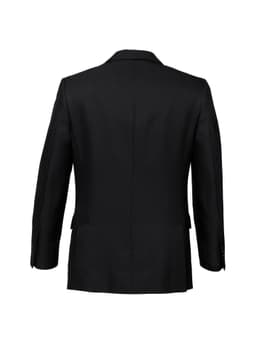 A black men's classic jacket featuring a two-button design and a structured fit, with a visible logo.
