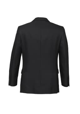 A black, classic two-button jacket featuring a tailored fit and a smooth back design. Includes branding on the inside.