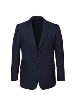 A navy blue men's classic jacket with a two-button front, notched lapels, and pockets. Features a branding logo.