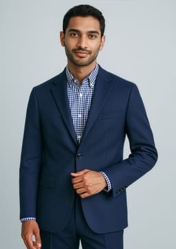 A navy blue men's blazer features a classic two-button design, with a slim fit and a subtle branding logo.