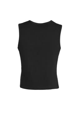 A black men's peaked vest featuring a ribbed texture and sleeveless design, with a logo on the back.