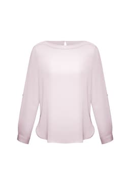 A light pink women's boatneck top with long sleeves and a round hem, featuring a small keyhole detail at the back.