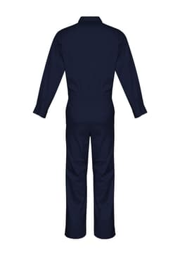 A navy lightweight cotton drill overall featuring long sleeves and a full back design, suitable for uniforms.