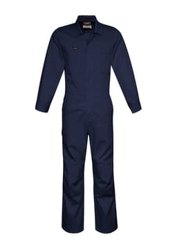 A navy lightweight cotton drill overall with long sleeves and a front pocket, featuring a logo.