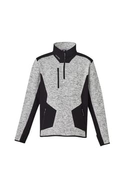 A grey and black unisex 1/2 zip pullover with reinforced knit features and a logo.