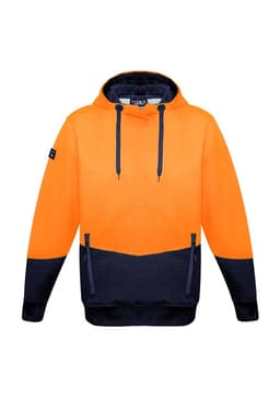 A unisex hi-vis textured jacquard hoodie in bright orange and navy, featuring a front pouch and a logo on the sleeve.