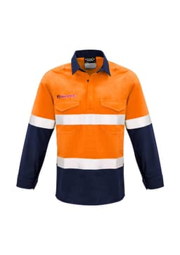 FR closed front hooped taped shirt in orange and navy, featuring reflective stripes and a logo. Long sleeves with pockets.