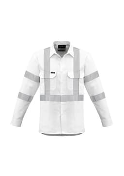 A white long sleeve work shirt with reflective strips, featuring two front pockets and a logo on the chest.