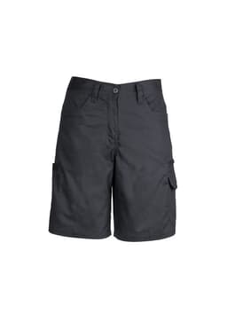 A pair of women's plain black utility shorts with multiple pockets and a button closure. It features a logo.