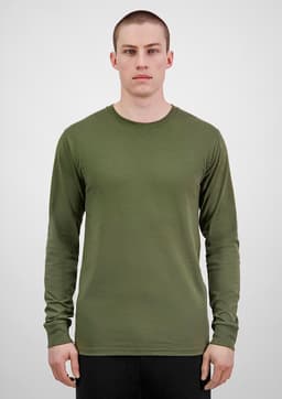 A long sleeve tee in olive green, featuring a fitted design and a round neck. It has a subtle logo.