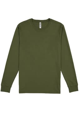 A long-sleeve tee in olive green, featuring a simple design and a brand label at the neck.