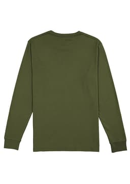 An olive green long sleeve tee with a crew neckline and a logo on the back.
